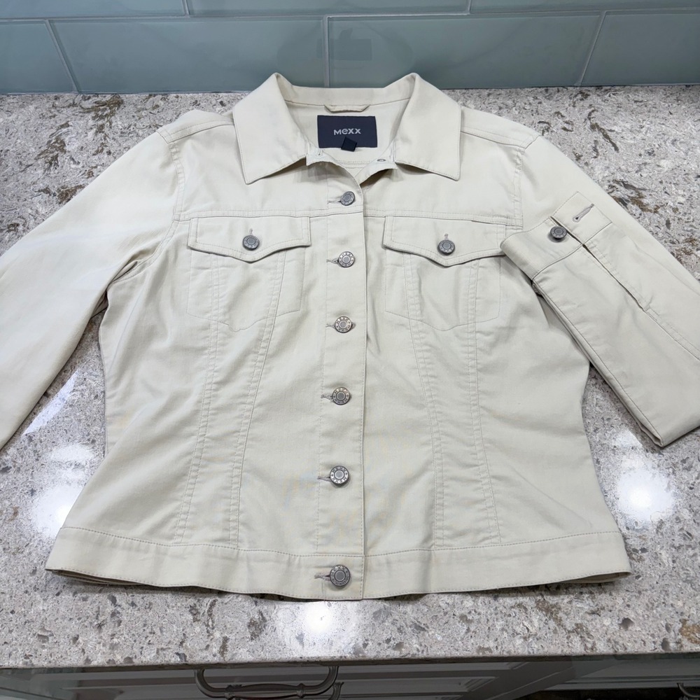 MEXX Beige Denim Jacket Cropped Fitted Button Up Casual Size 14